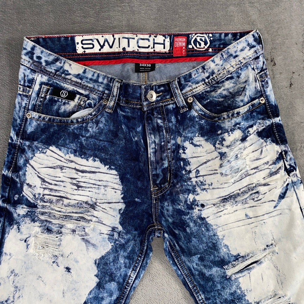 Switch Remarkable Jeans Mens 34x30 Blue Acid Wash Distressed Straight Streetwear - Picture 9 of 11